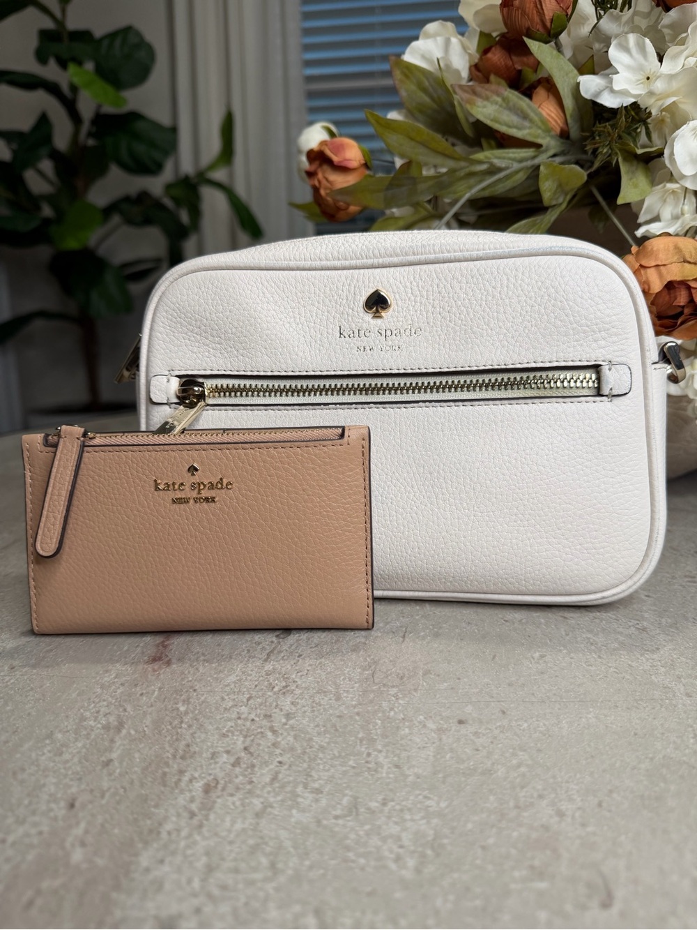 kate spade White Pebbled Leather Crossbody with Tan Card Wallet